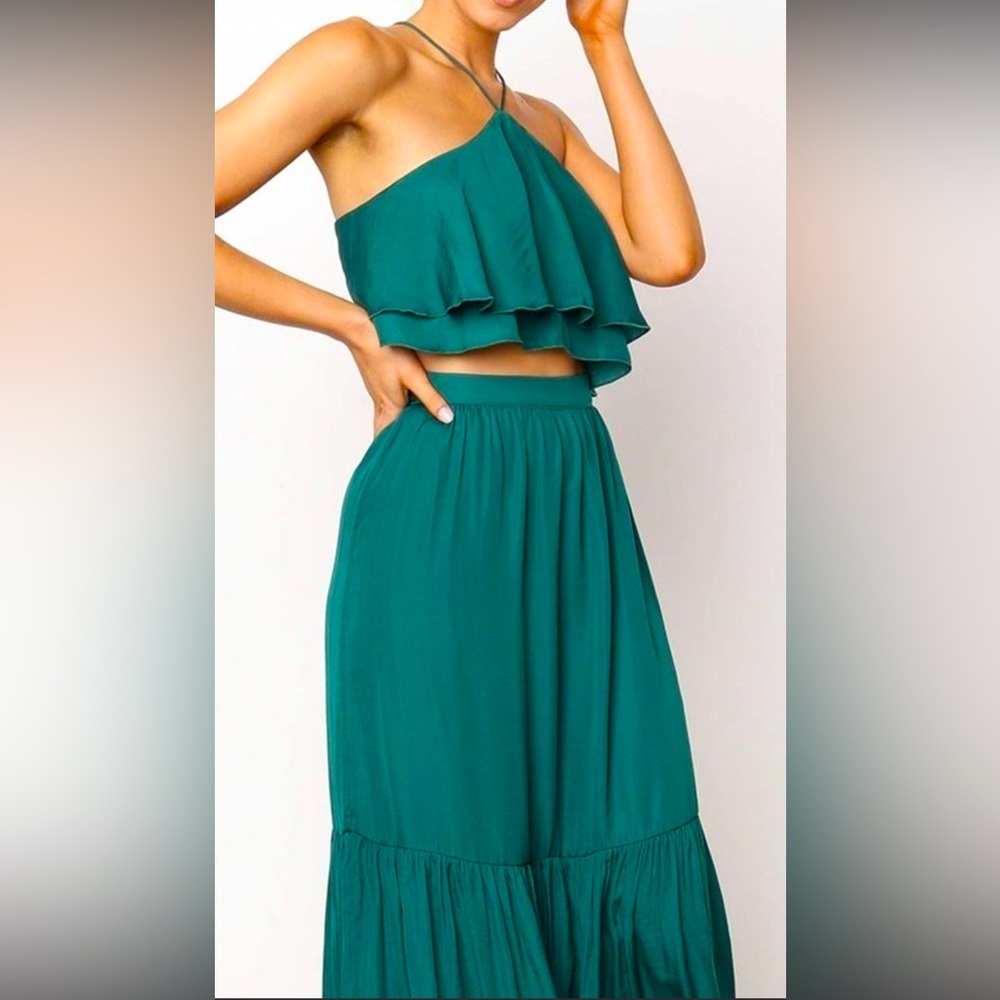Two Piece silk-like emerald maxi dress & halter top